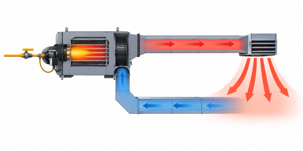 Diagram showing how a warm air heating unit draws in air, heats it via a gas burner, and distributes warm air through ductwork
