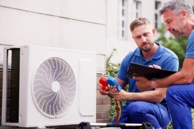 Engineers servicing a commercial heat pump