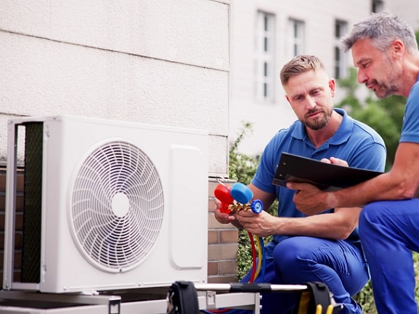 Engineers servicing a commercial heat pump