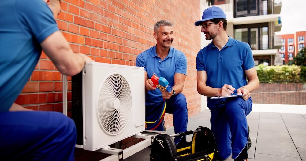 Skilled HVAC Technician Conducting work on energy efficient hvac systems for commercial buildings with Team of Workers.