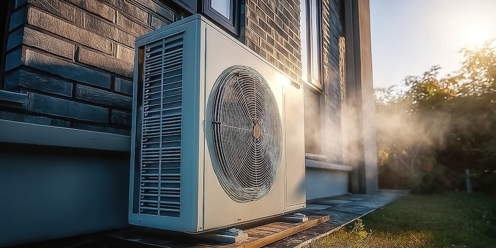 An outdoor net-zero HVAC system near a stone-walled building.
